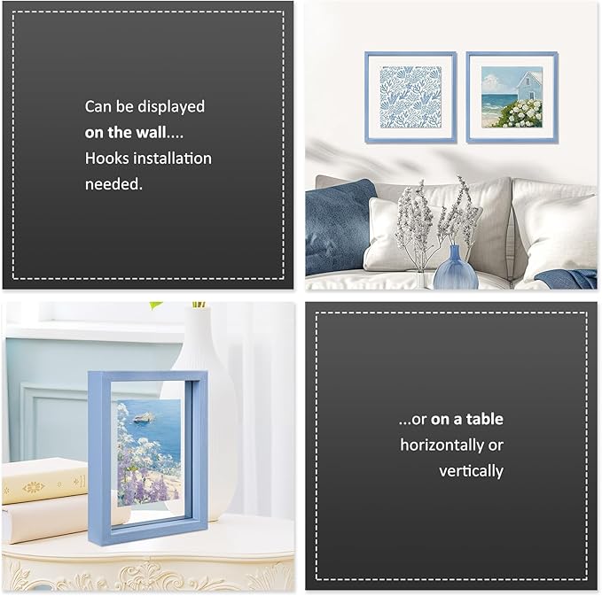 MUYE 11x14 Floating Frame Set of 2,Double Real Glass Photo Frame,Display Any Size Photo up to 11x14,Wall Mount or Tabletop Standing,Blue