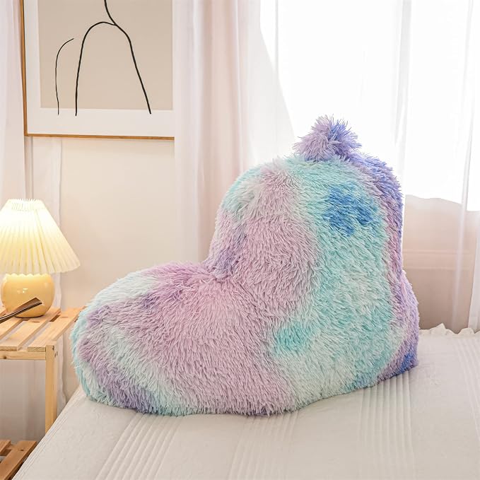 A Nice Night Faux Fur Reading Pillow Bed Wedge Large Adult Children Backrest with Arms Back Support for Sitting Up in Bed/Couch for Bedrest,BluePurple