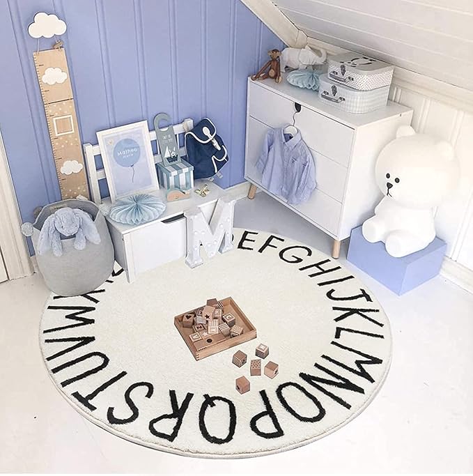 Topotdor Round Kids Play Rug Alphabet Nursery Area Rug Extra Large Soft Crawling Play Mat for Children Toddlers Bedroom (71 inch, White)