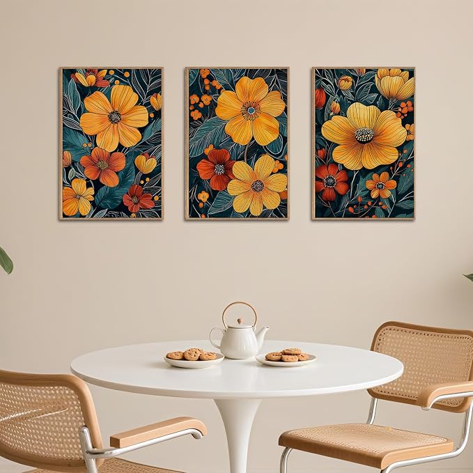 SIKERIC Vintage Orange Floral Wall Art Set of 3, Mid Century Flower Framed Canvas Art Painting, Modern Nature Botanical Art Prints, Boho Neutral Plant Wall Decor for Living Room, Bedroom, Office-24x36