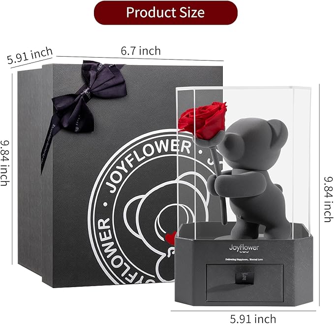 JoyFlower Preserved Flowers with Cute Teddy Bear, Eternal Real Rose Romantic Gift with Acrylic Cover & Gift Box for Girlfriend Wife Her in Valentine's Day, Birthday, Weddings, Anniversaries, Christmas