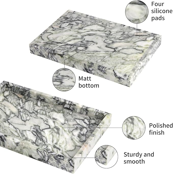Marble Bathroom Vanity Tray, Natural Luxury Vanity Home Kitchen Bathroom Table Tray, Stone Decorative Countertop Dresser Trays for Key Coffee Perfume Jewelry Makeup (Green Emerald, 12"x 8" x1.2")