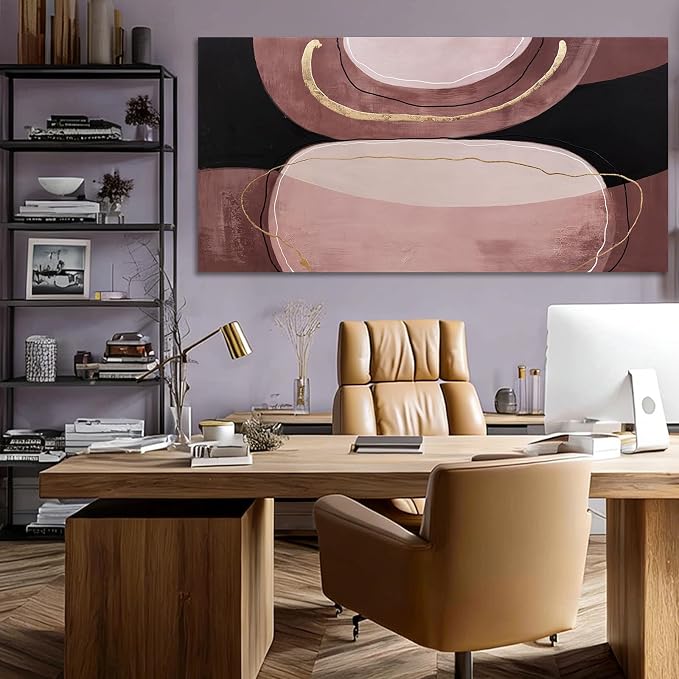 ZUNARE Abstract Earth Tone Canvas Wall Art Brown Black and Gold Line Artwork Pictures Modern Minimalist Painting for Living Room Bedroom Office Dinning room Wall Decor 24x48 Inch