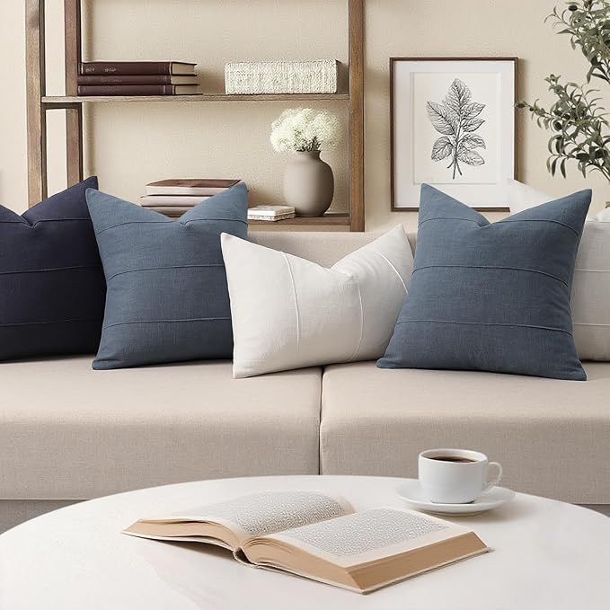 ZWJD Decorative Linen Throw Pillow Covers 16x16 Set of 2 Solid Handcrafted Striped Cushion Covers for Bed Soft Modern Farmhouse Neutral Pillowcase for Couch Bedroom Living Room Home Decor(Slate Blue)