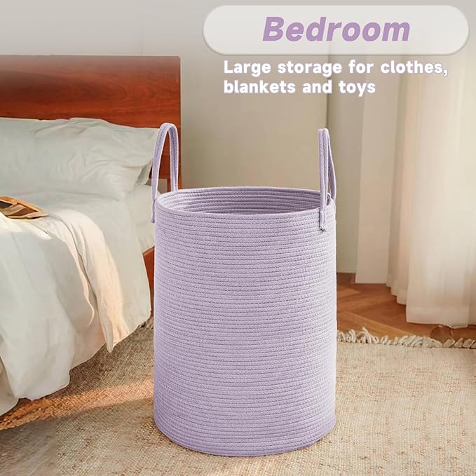 JMvicyroam Large Woven Laundry Basket Hamper,60L Cotton Rope Storage Bin for Blankets,Toys and Clothes,Decorative Tall Nursery Hamper for Living Room,Baby Nursery,Bathroom and Bedroom,Purple