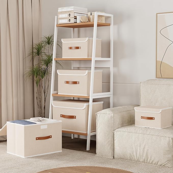 Yawinhe Collapsible Storage Boxes, Stackable Linen Fabric Baskets, Bin with lid and Leather Handle, Washable, for Home, Closet, Beige, 10.2x7.9x6.7 In, 5-Pack, SNK024BEN-5