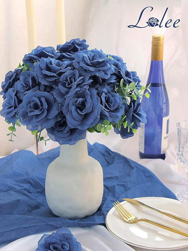 LELEE 108 Pcs Artificial Flowers Fake Silk Roses Long Stem Rose Bouquet Wedding Party Home Decor for DIY Baby Shower Centerpieces Tables Home Decorations(Navy Blue)