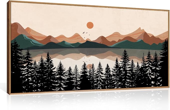 KAIRNE Boho Mountain Sunset Framed Canvas Wall Art Set,Colorful Mid Century Forest Wall Decor,Beige Nature Pine Tree Art Prints,Abstract Modern Landscape Artwork for Living Room,Bedroom,Farmhouse,Office-40"x20"x1