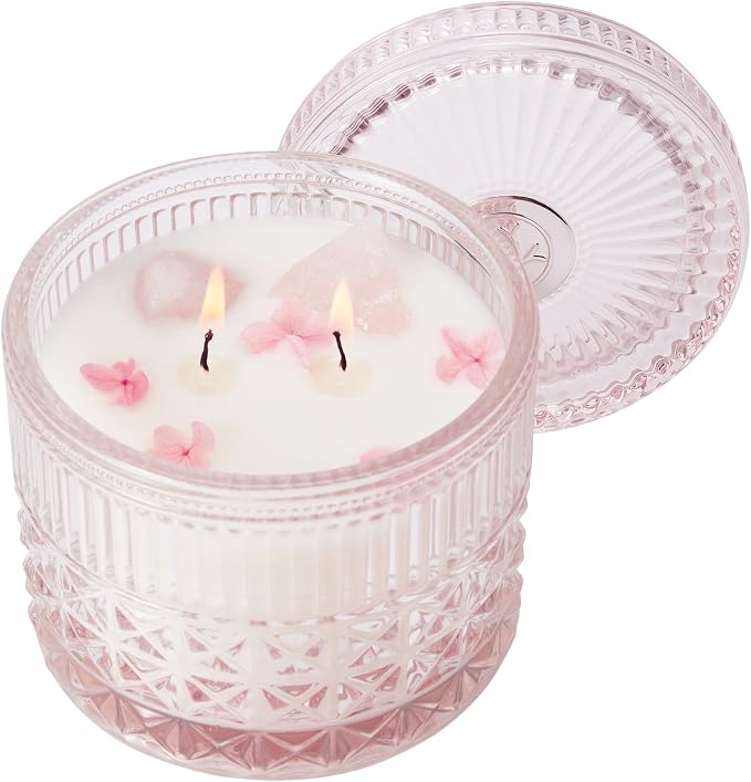 Chloefu LAN Pink Crystal Candles Champagne Bubbles Candle for Home Scented, Non-Toxic, Unique Meditation Spiritual Gifts, 14 oz, Valentines Day Gifts for Mom Friends Wife Sister Stocking Stuffers