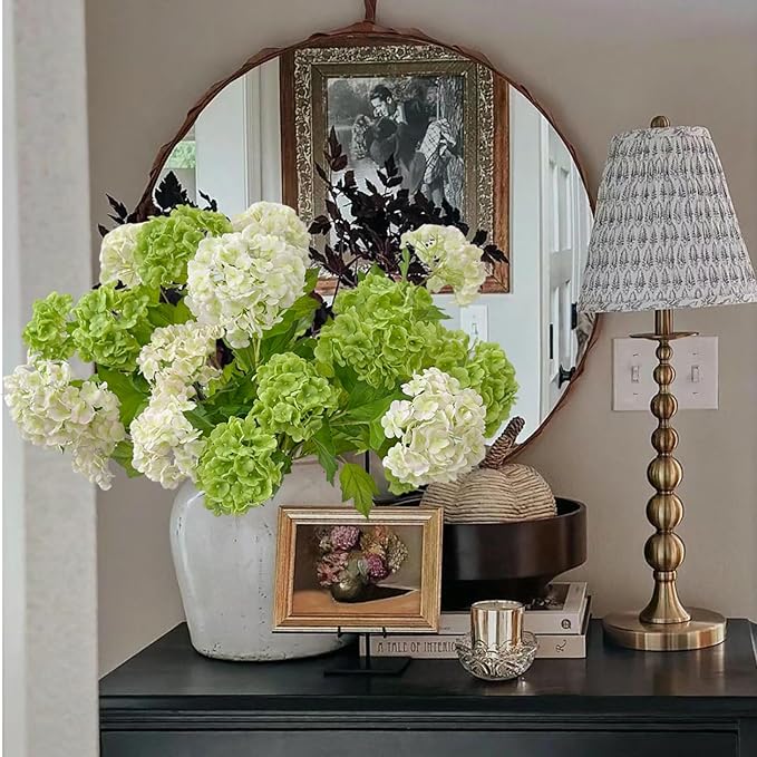 YalzoneMet RUZUQE 4 Pcs Dark Green Artificial Snowball Viburnum Flower 26.8‘’ Small Blooms Hydrangea Real Touch Faux Latex Long Stem Snowball for Spring Home Decoration Table Centerpiece