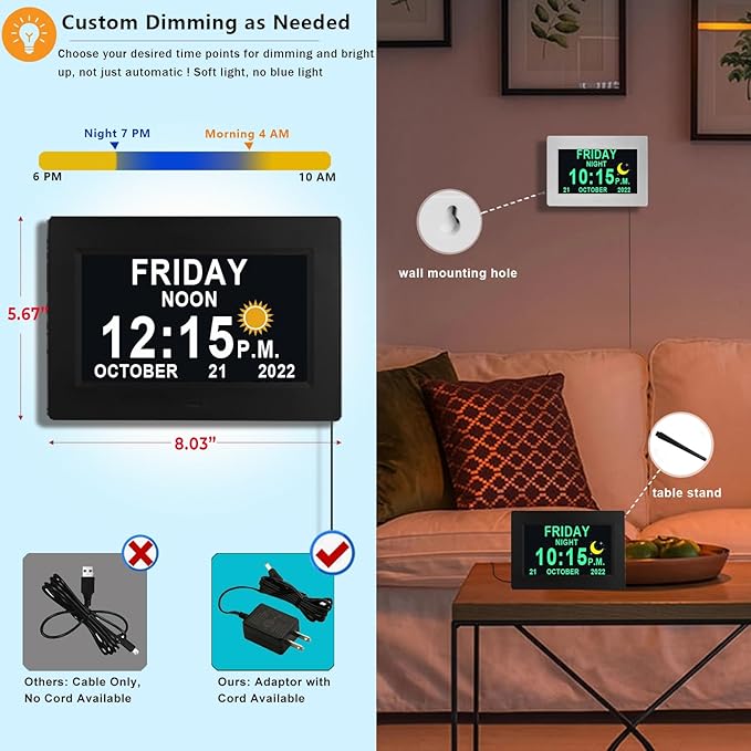 Upgraded Voice-Talking Dementia Clock with Date Time, 27 Alarms Custom Reminders, Sleep Trainer, Large Numbers, Auto DST, 10 Levels Night Dimmer, Digital Calendar Clock for Elderly, with 1.5M Adaptor