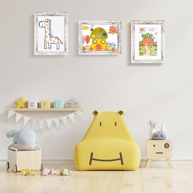 KINLINK 8.5x11 Kids Art Frame Set of 2, Solid Wood Kids Artwork Frames Changeable with Front Opening Hold 150 Pictures, Art Frames for Kids Art with Mat，without Mat 8.5x11 Picture Frame Rustic White