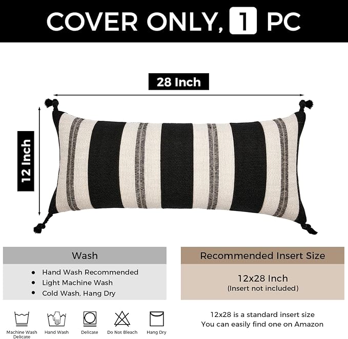 Decorative Lumbar Pillow Cover 12x28, Handwoven Boho Long Body Pillowcase, Farmhouse Linen Cotton Pillow Cushion Case for Sofa, Bed, Living Room, Bedroom(Black and White)