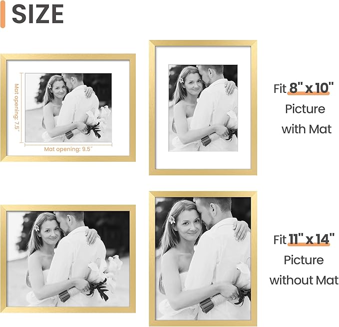 upsimples 11x14 Picture Frame, Display Pictures 8x10 with Mat or 11x14 Without Mat, Wall Hanging Photo Frame, Gold, 1 Pack