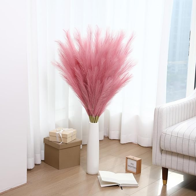 Wertuirk Dark Pink Pampas Grass, 8 Pcs 45 Inch Tall Large Faux Pompous Grass, Long Artificial Flowers for Floor Vases, Wedding Centerpieces, Baby Shower and Home Decoration (Dark Pink)