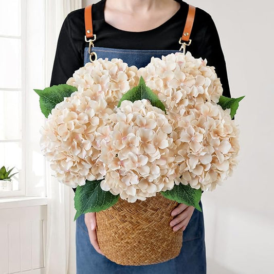 JINWOE 5Pcs Silk Hydrangea Artificial Flowers, 20Inch Light Coffee Boho Large Lifelike Flowers, Porch Halloween Artificial Hydrangeas for Bouquet Table Centerpieces Floral Arrangements Home Wedding