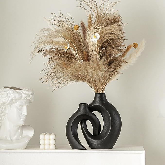 Lvases Snuggle Hollow Modern Ceramic Vase Set of 2, Mid Century Nordic Aesthetic Decorative Vase Decorative Vases for Home Table Decor (Matte Black W 6.3" X H 8.4")