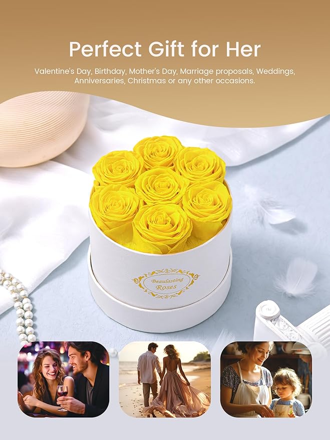 Beaulasting Long Lasting Preserved Roses in a Box Last a Year Forever Flowers for Her Mom Wife Anniversary Birthday (Round White Box, Yellow)