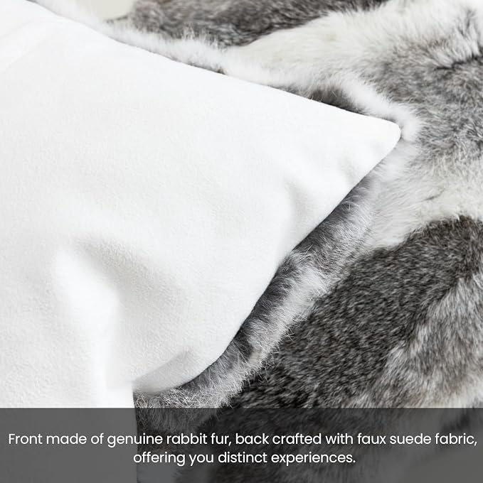 MOOX Rabbit Fur Pillow Covers Set of 2 Fur Throw Lumbar Decorative Pillow Fuzzy Soft Fluffy Genuine Animal Skin 18"x18" Sofa Couch Bed Cover, Couch-Grey White