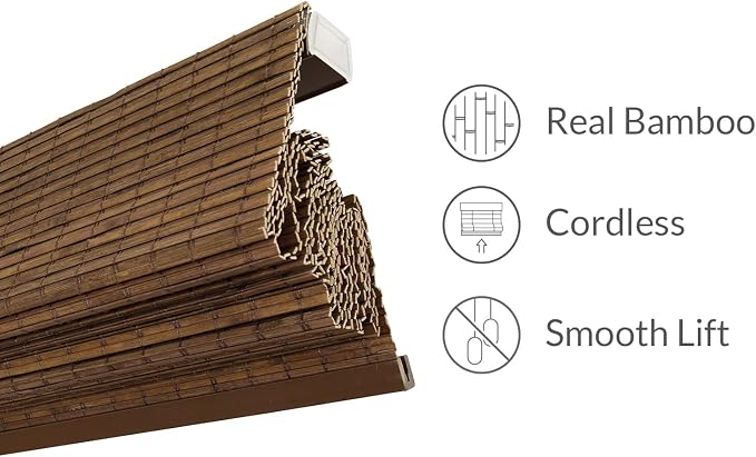 CHICOLOGY Bamboo Roman Shade, Cordless Light Filtering Woven Wood Window Treatment for Living Room, Dining Room, Kitchen & Office, Natural Bamboo Blinds for Boho Coastal Decor, Moose, 32" W x 64" H