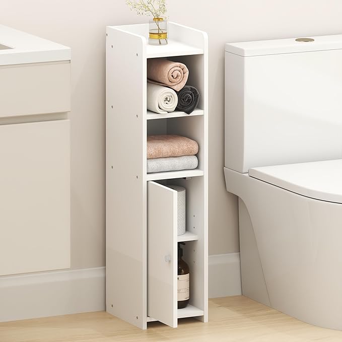 Furinno Fulda Bathroom Storage Cabinet, 5-Tier Bathroom Cabinet, Narrow Cabinet with Door and Adjustable Shelves, 32H, for Small Spaces, Bathroom, Living Room, Entryway, White