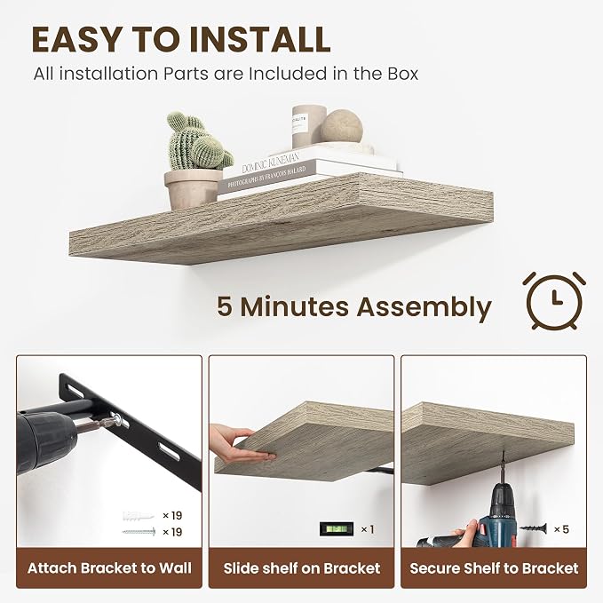 Acovy 36 Inch Floating Shelves, 12 Inch Deep Floating Shelves for Wall, Floating Shelf with Invisible Brackets, Deep Shelves for Bathroom, Bedroom, Living Room, 2 Pack, Vintage Gray Oak