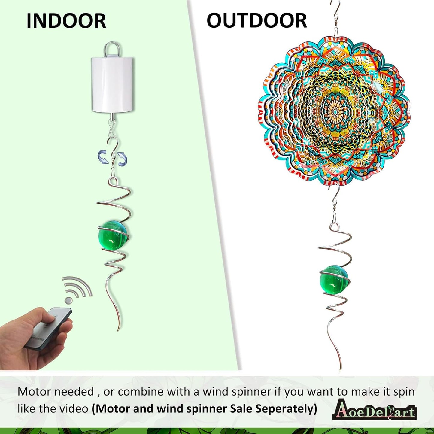 Wind Spinner Tail Gazing Ball Spiral Decorative Wind Spinner Sun Catcher 11inch Tail and 2 inch Glass Orb. Indoor Outdoor Garden Decoration Wind Sculptures-13 inch Height (Green)