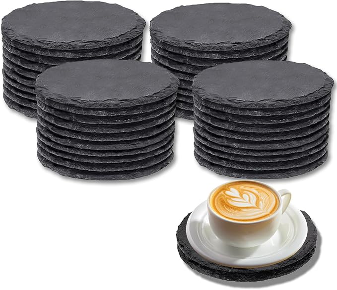 40 Pack Round Slate Coasters Bulk,4 Inch Blank Slate Coasters for Lase Engraving,with Anti-Scratch Bottom for Office Bar Kitchen Home Decor Supplies(Round, Set of 40)