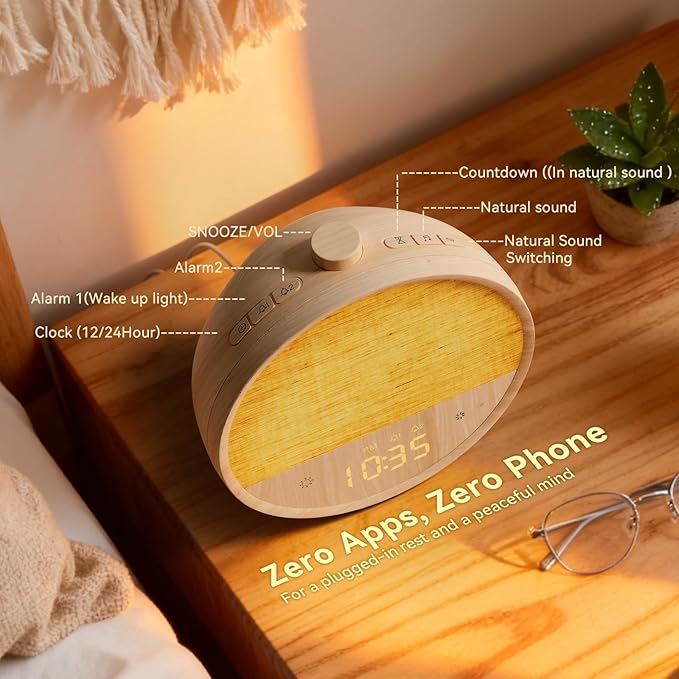Vivilumens Sunrise Alarm Clock with Sound Machine, Gentle Wake-Up Light, Dual Alarms for Heavy Sleepers Adults, Dimmable RGB Mood Light Digital Alarm Clocks for Bedrooms, Wood Grain