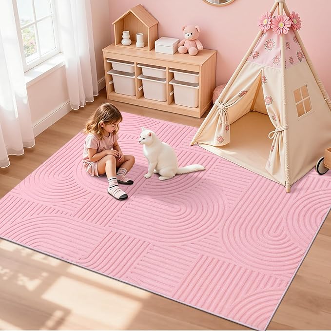 Pauwer Pink Area Rug for Girls Bedroom 4x6 Soft Fluffy Non Slip Machine Washable Rugs Arch Modern Indoor Mat Fuzzy Floor Carpet for Kids Nursery Living Room Dorm Playroom Dining Baby Home Decor