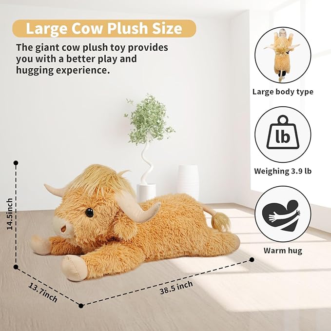 WDXDSOB 38.5 Inch Yellow Giant Highland Cow Plush Stuffed Animal - Large Cow Pillow Gift for Kids and Adults, Couch & Bed Decor