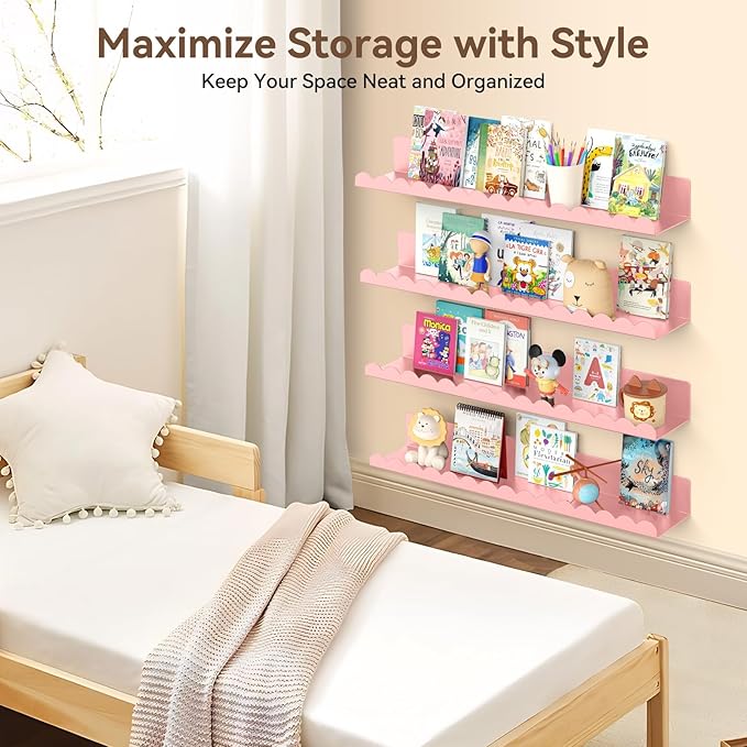Floating Shelves for Wall, 23 Inch Metal Nursery Book Shelves 4 Pack, Wall Mounted Book Shelf for Kids Room, Bedroom, Bathroom, Playroom Decor (Pink)