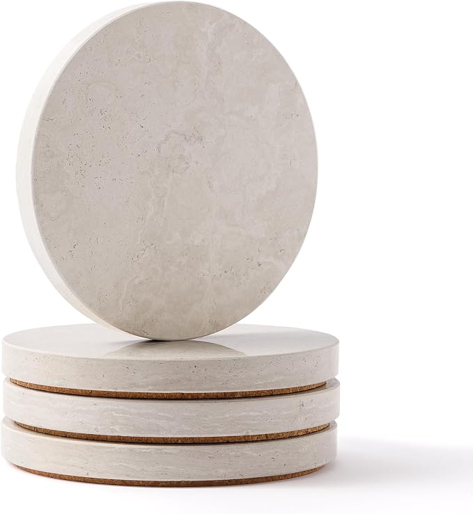 Natural Marble Coasters Set of 4-4" Round Stone Drink Coasters, Non-Slip Cork Backing, Housewarming Gift, Wedding, Protect Tables from Stains & Scratches Cream Grey (WH117)