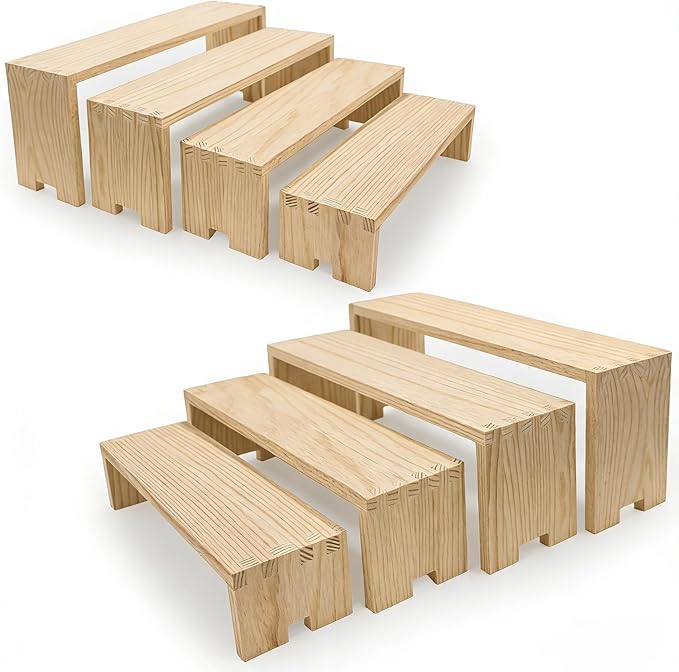 Yikaroeli 2 Set Large Wood Display Risers Display Stands Wooden Cupcake Stand Dessert Food Buffet Risers for Vendor Events 4 Tiered 8Pcs Table Sets Cake for Display