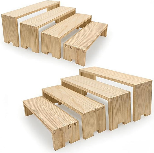 Yikaroeli 2 Set Large Wood Display Risers Display Stands Wooden Cupcake Stand Dessert Food Buffet Risers for Vendor Events 4 Tiered 8Pcs Table Sets Cake for Display