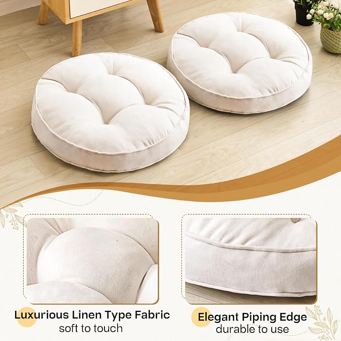 1 MIDDLE ONE Floor Pillow Set of 2, Memory Foam Floor Cushions for Adults, Large Meditation Pillow for Sitting, 22 x 22 Inches (Round | Beige)