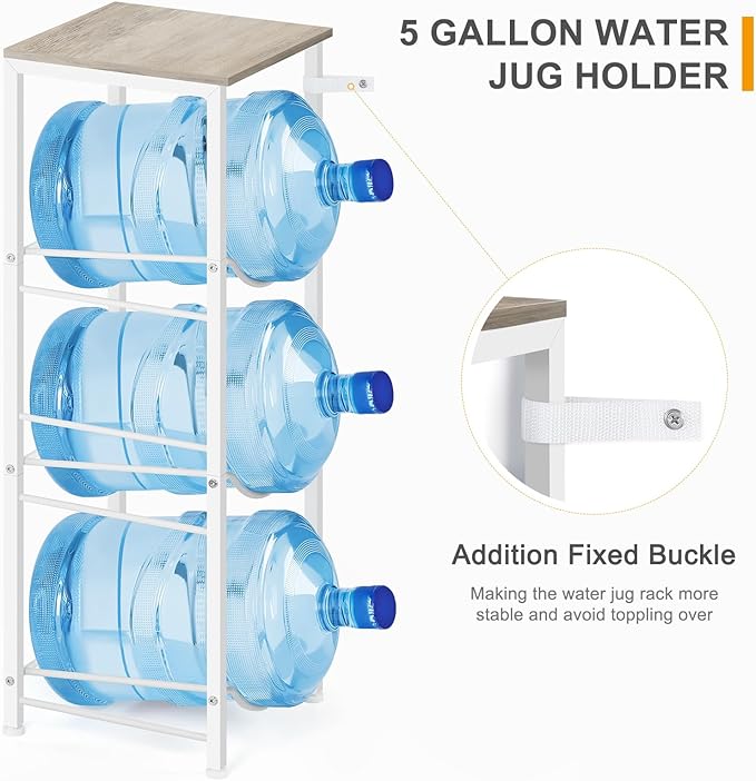 5 Gallon Water Bottle Holder Storage Rack, Water Cooler Jug Holder with Storage Shelves, 3-Tier Water Dispenser Stand for Kitchen Living Room Office, Rustic Grey