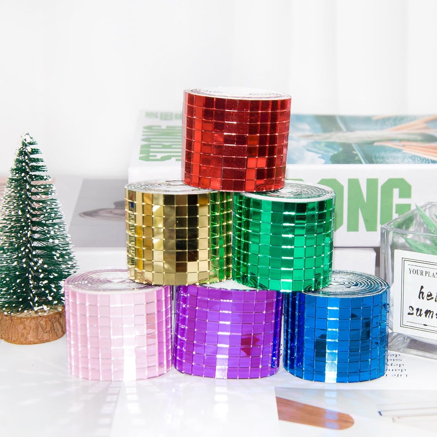 Self Adhesive Mosaic Tiles, 3200 Pieces Disco Ball Tiles, 5 x 5 mm Glass Mirror Mosaic Tiles, Square Mirror Tiles Sticker for DIY Vase, Art Collage, Photo Frames, Home Party 2 Rolls (Purple)