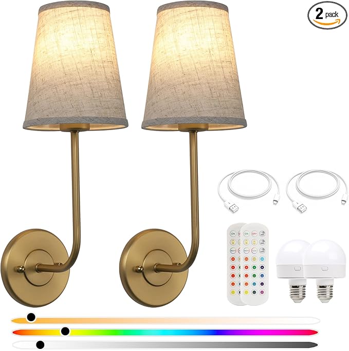 Pathson Rechargeable Battery Operated Wall Sconces Set of 2, Wireless Dimmable Wall Vanity Lights, Linen Fabric Shades, Remote Control Wall Lighting for Bedroom Living Room Includes Bulbs