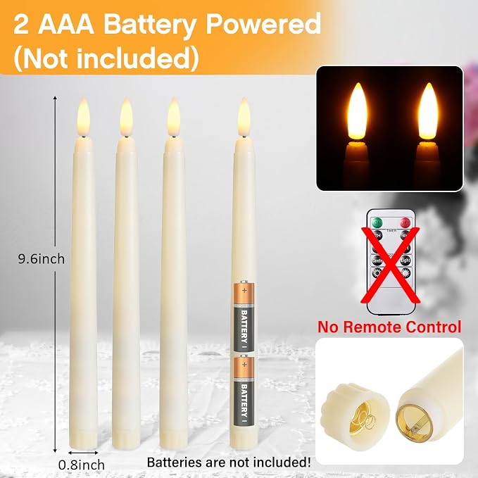 Baquler 50 Pcs Flameless Ivory Taper Candles Bulk Flickering LED Candles Taper Warm White Light LED Candlesticks for Christmas Wedding Home Decoration No Remote Control, 9.6 Inch
