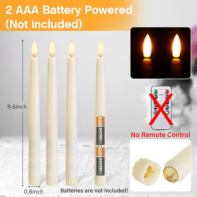 Baquler 12 Pcs Flameless Ivory Taper Candles Bulk Flickering LED Candles Taper Warm White Light LED Candlesticks for Christmas Wedding Home Decoration No Remote Control, 9.6 Inch
