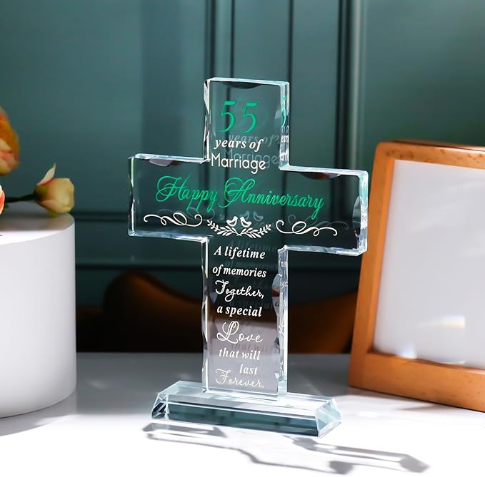 YWHL 55th Wedding Anniversary Glass Cross Gifts for Women Men, 55 Year Anniversary Religious Gift for Couple, Laser Engraved 55 Years of Marriage Party Decoration