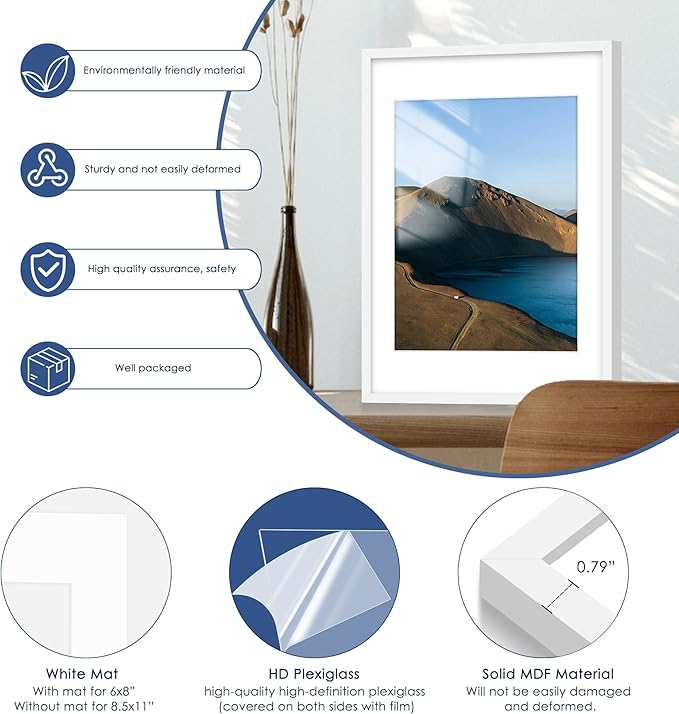 PEALSN 10x14 Picture Frame Set of 6, Display Pictures 8.5x11 with Mat or 10x14 without Mat for Wall Mounting or Table Top Display, Photo Frames Collage for Wall Decor, White.