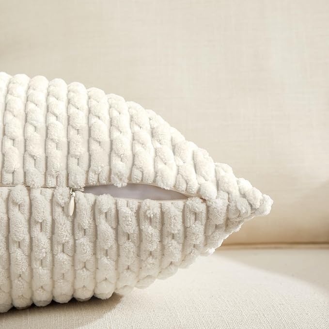Fancy Homi 2 Packs Cream Decorative Throw Pillow Covers 22x22 Inch for Couch Bed Sofa, Modern Farmhouse Boho Home Decor, Soft Cute Plush Corduroy Cushion Case 55x55 CM