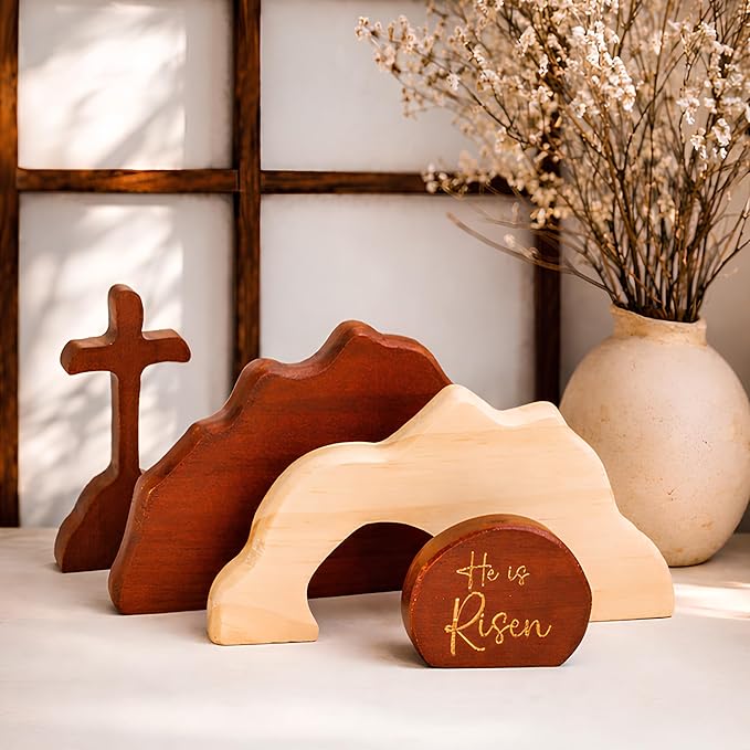 He Is Risen Easter Decor – Wooden Resurrection Scene with Empty Tomb, Cross & Figurines, Christian Religious Tabletop Decoration for Home Christian Easter Basket Stuffer