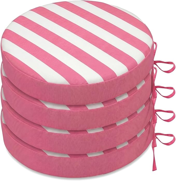 SK Studio Round Outdoor Chair Cushions for Patio Furniture, Set of 4 Waterproof Patio Chair Cushion with Adjustable Ties for Garden Sofa Couch, Pink Stripe, 16"x16"x2"
