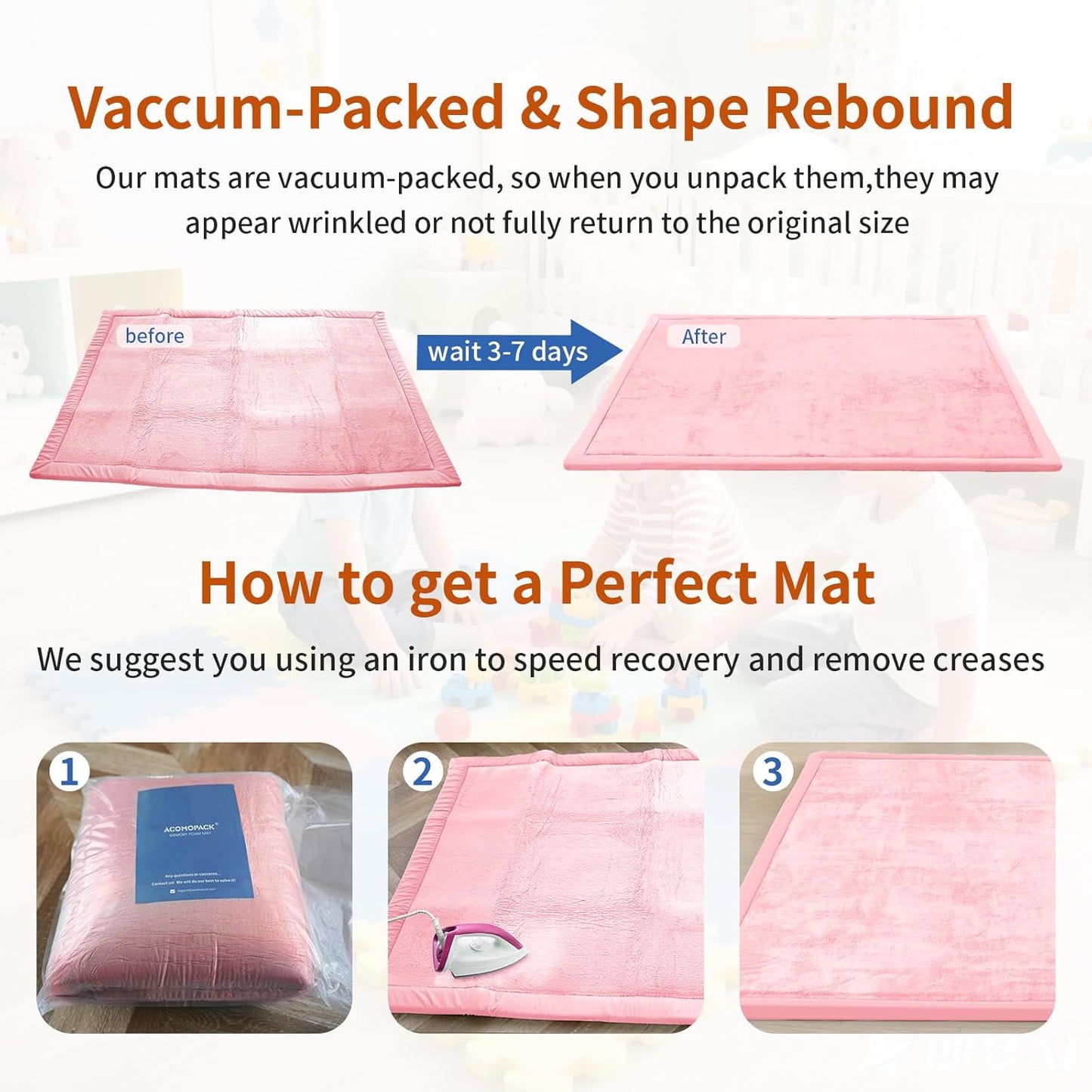 ACOMOPACK Baby Play Mat for Floor,1.3" Thick Memory Foam Area Rug for Living Room,Soft Velvet Crawling with Non-Slip Bottom for Kid,Toddler,39"×59" Tummy Time Nursery Rugs,Yoga（Pink）