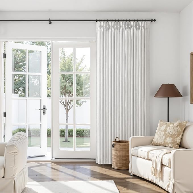 Pleated Beige White 60 Inch Wide Curtains 84 Inches Long for Bedroom 1 Panel, Memory Trained Pinch Pleat Heavy Linen Blend Rustic Sheer Drapes Light Filtering Privacy Sliding Doors Windows Curtain