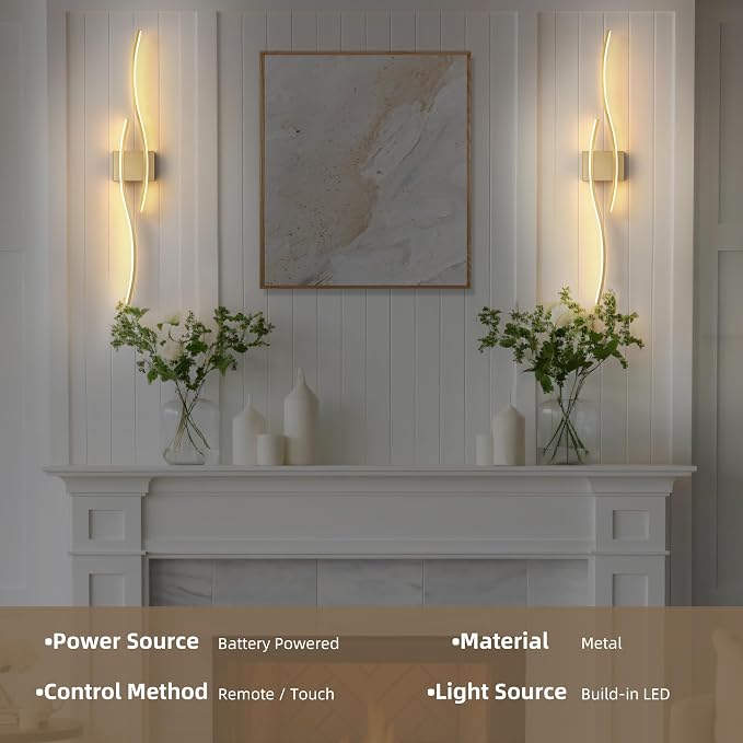 Battery Operated Wall Sconce Set of 2, Dimmable Modern LED Wireless Wall Light with Remote Control, Sconce Wall Decor for Living Room, Hallway, Quick Install, No Electrician Required