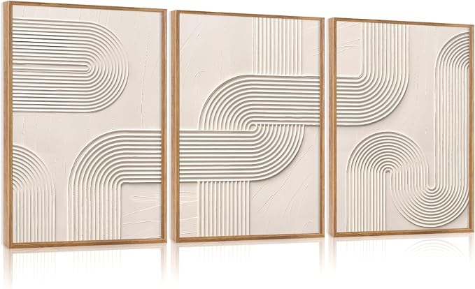 CHDITB 3D Impasto Relief Abstract Curved Geometric Arch Textured Framed Canvas Wall Art Set, Neutral Earth Tone Minimalist Wall Decor, Modern Art Prints for Living Room Hallway Bedroom Decor 16"x24"x3
